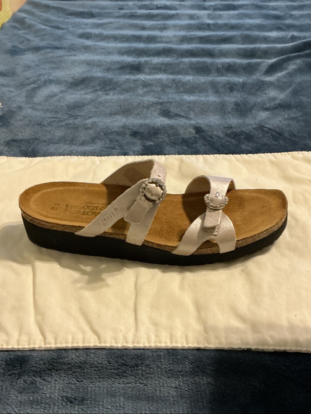 Naot Women's Light Pink Metallic Two-Strap Slide Sandal with Buckle Accents